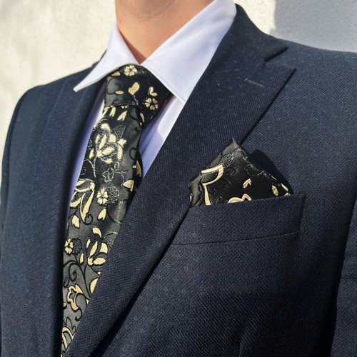 Cravată Și Batistă De Mătase Black And Gold