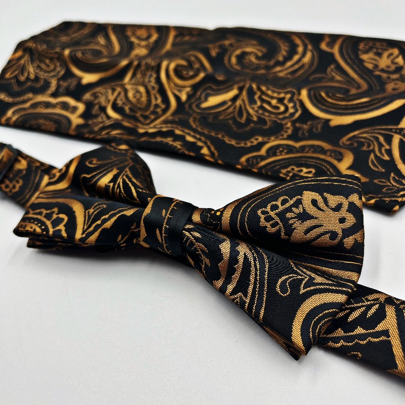 Bow Tie And Silk Handkerchief Black With Orange Details